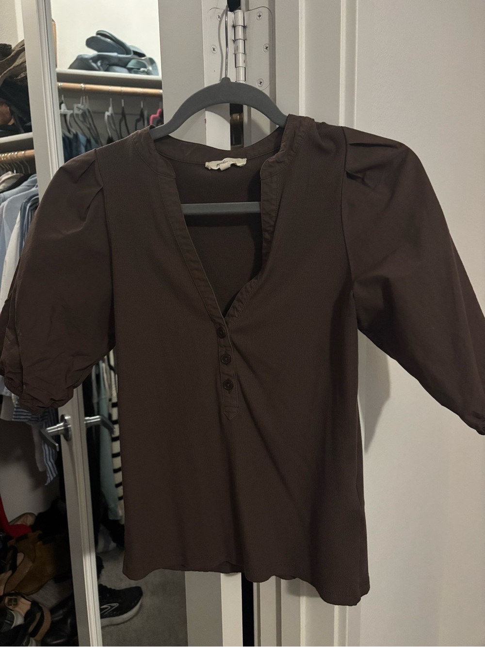Madewell Dark Brown Puff-Sleeve Henley Top